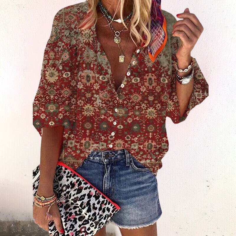 Women's boho print blouse - button down V-neck summer evenings