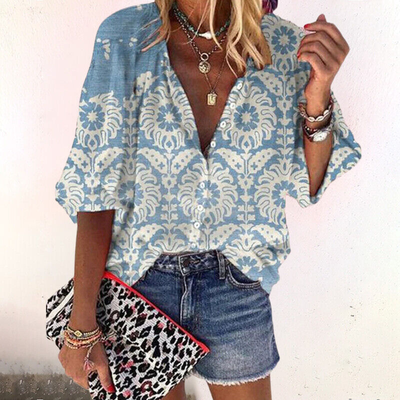 Women's boho print blouse - button down V-neck summer evenings