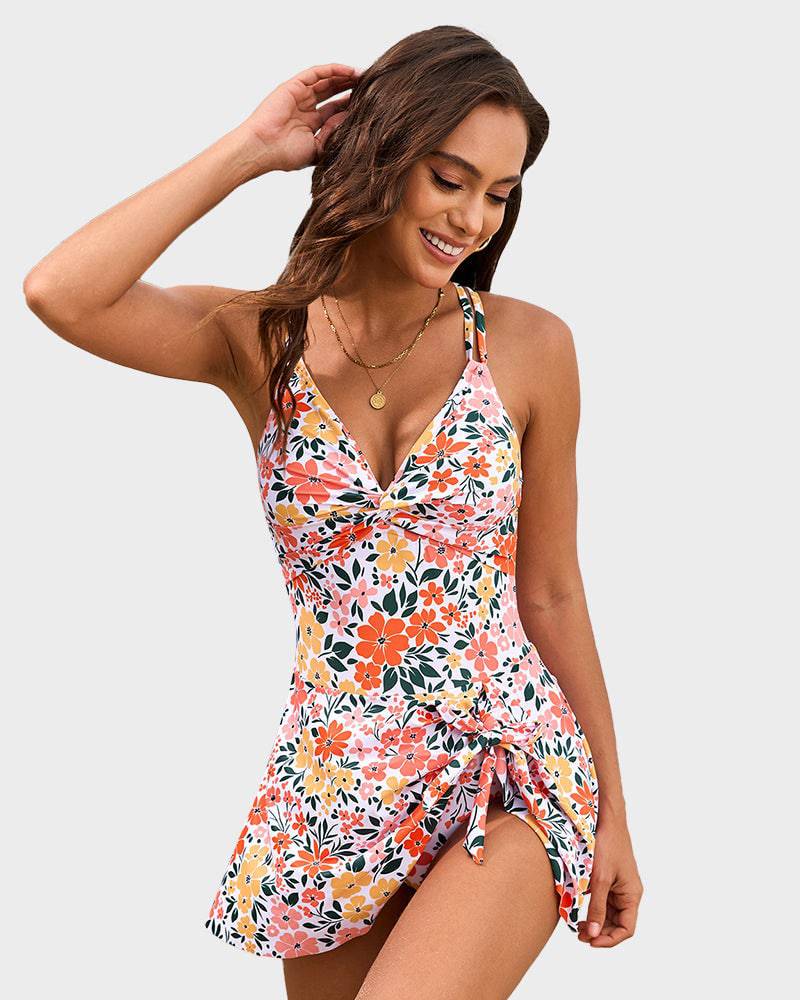 Swim dress swimsuit — one-piece with skirted overlay for beach