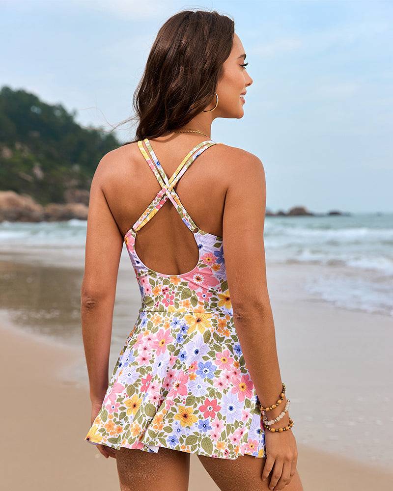 Swim dress swimsuit — one-piece with skirted overlay for beach