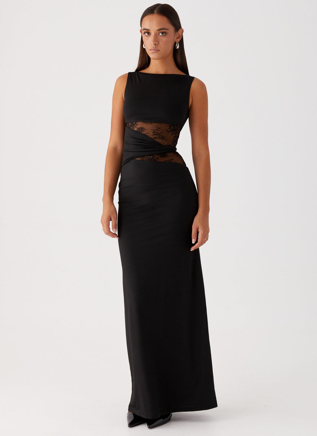 Women's Maxi Dress Sleeveless Boat Neck Lace Cutout Evening