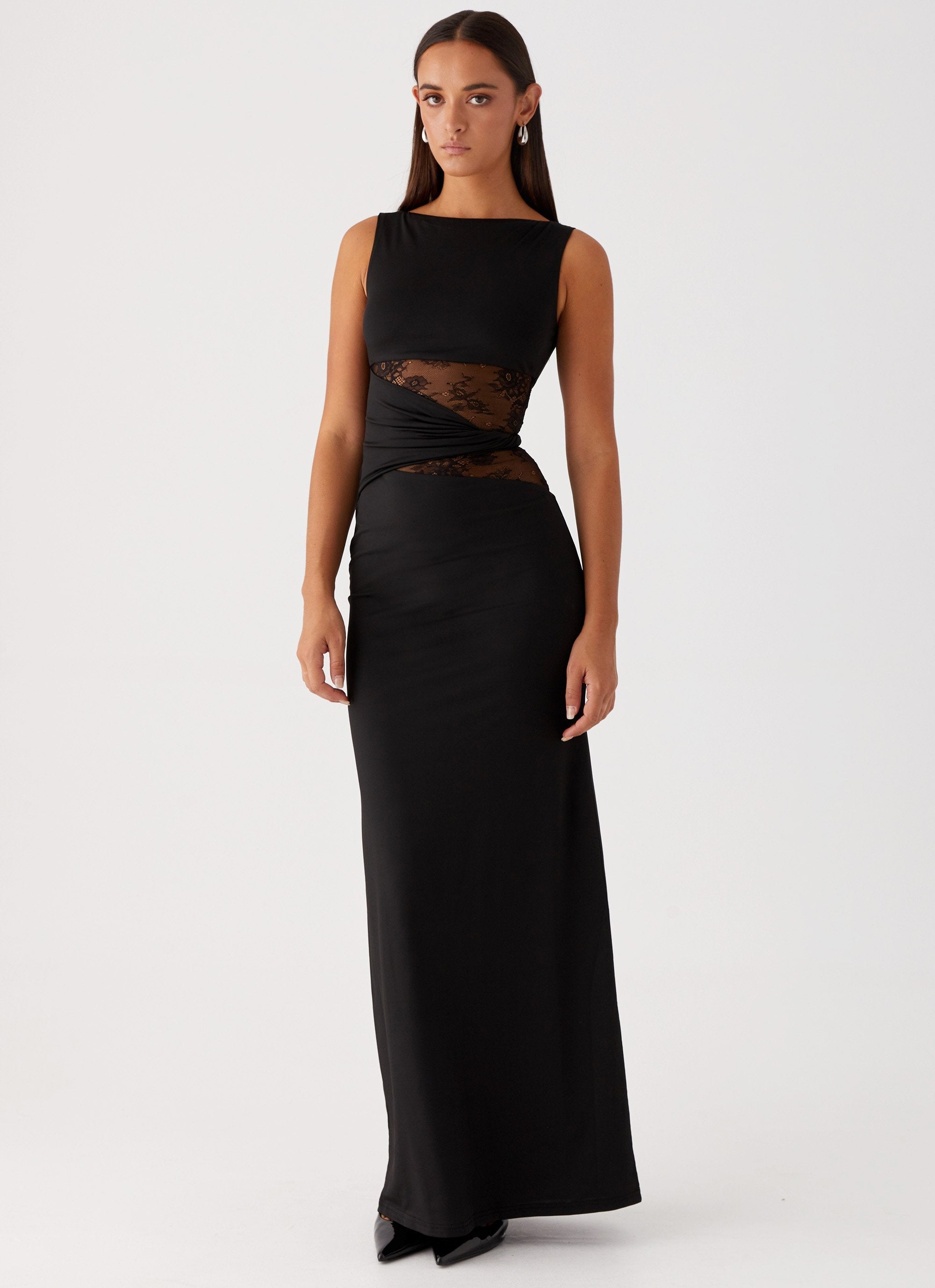 Women's Maxi Dress Sleeveless Boat Neck Lace Cutout Evening