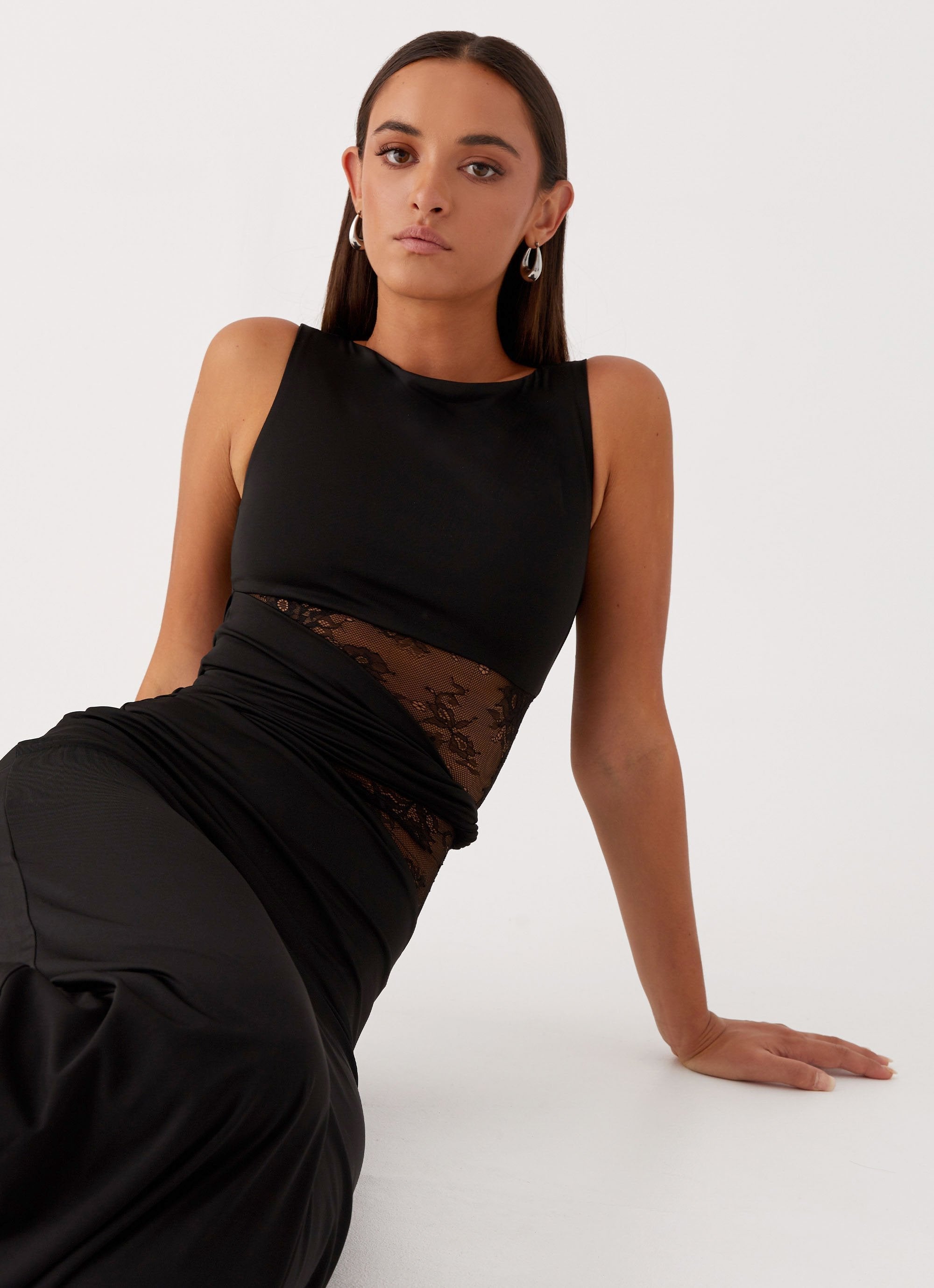 Women's Maxi Dress Sleeveless Boat Neck Lace Cutout Evening