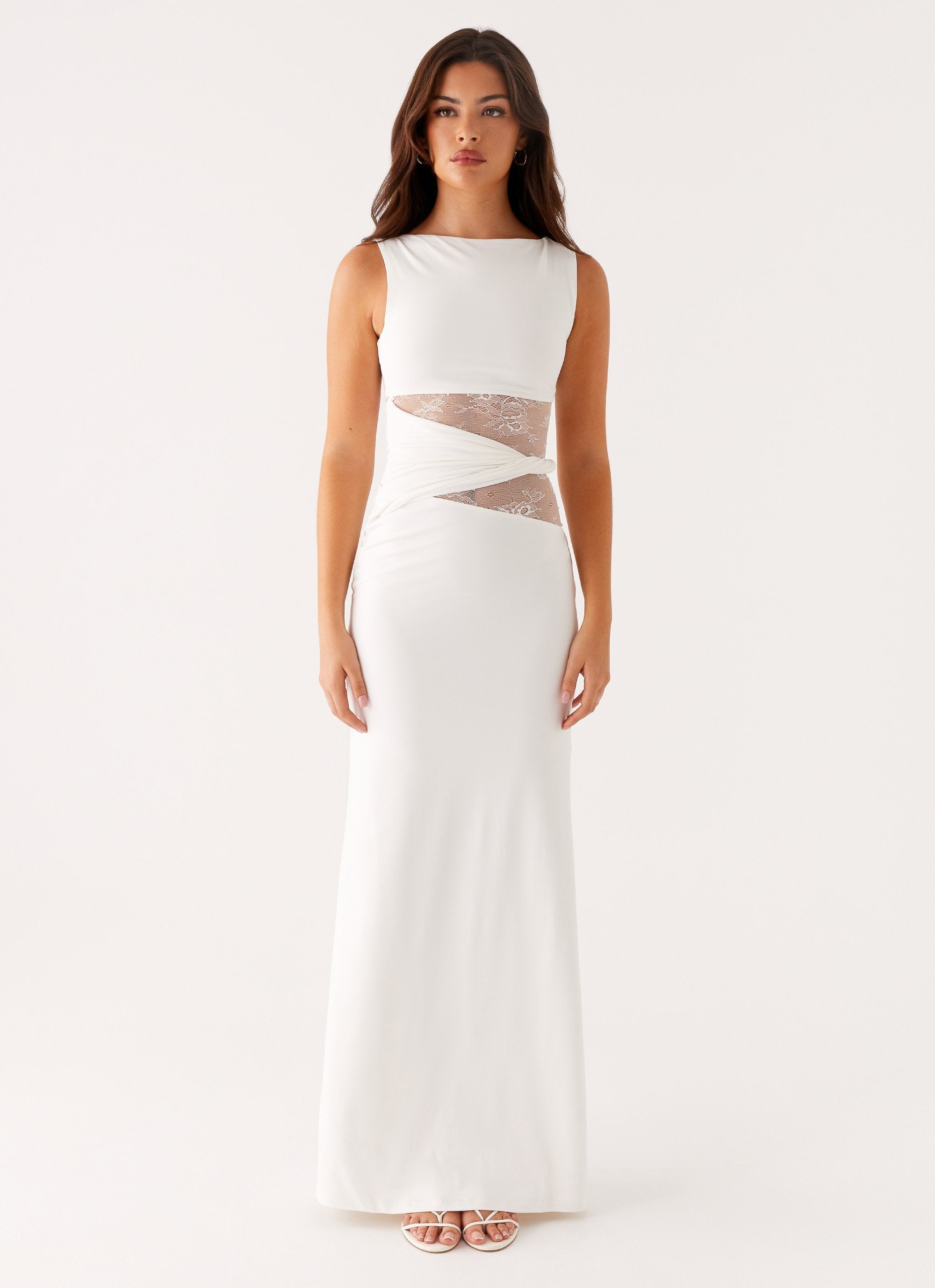 Women's Maxi Dress Sleeveless Boat Neck Lace Cutout Evening