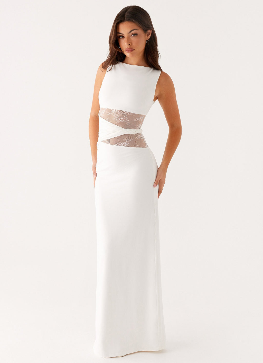 Women's Maxi Dress Sleeveless Boat Neck Lace Cutout Evening