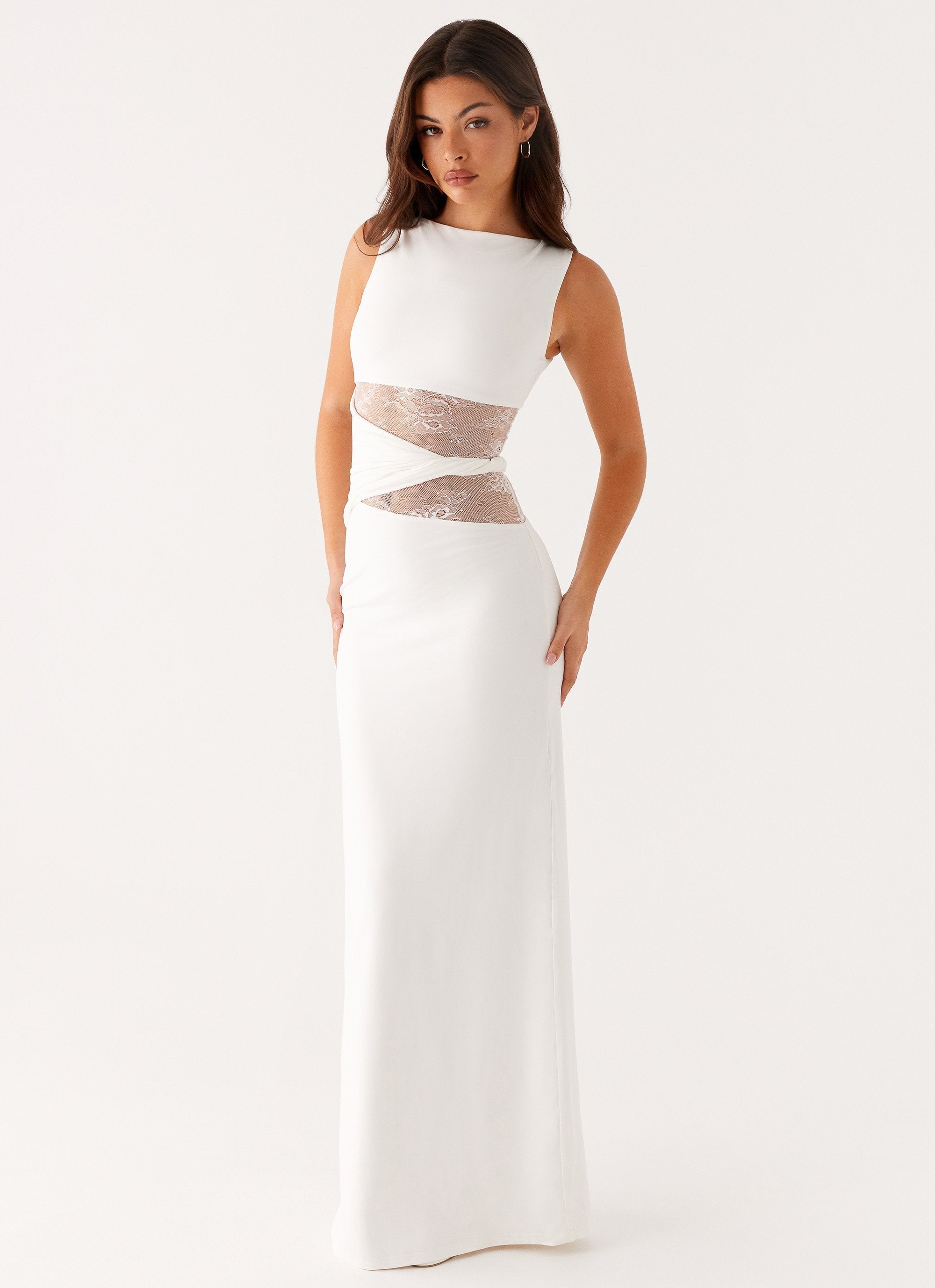 Women's Maxi Dress Sleeveless Boat Neck Lace Cutout Evening