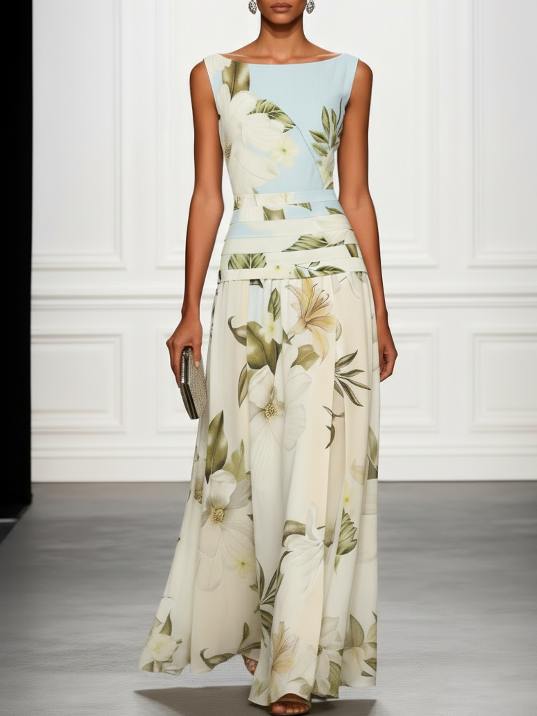 Women's Maxi Dress Floral Boat Neck Sleeveless Wedding