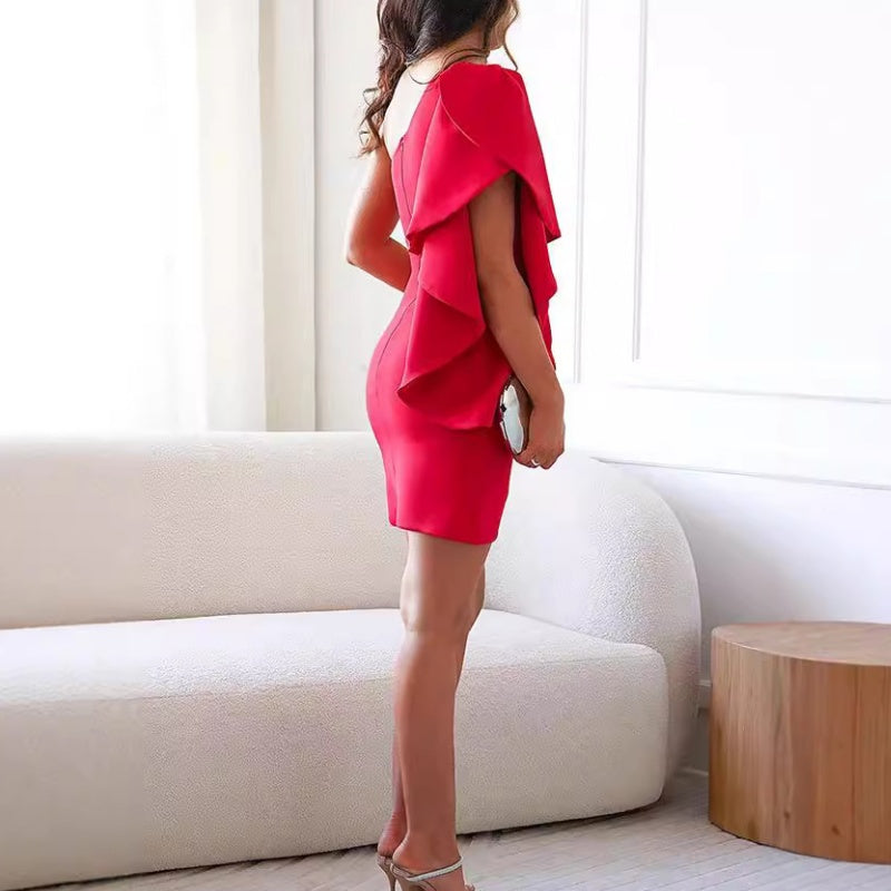 Women's One Shoulder Bodycon Mini Dress Tiered Ruffle Sleeve Asymmetric Wrap Hem