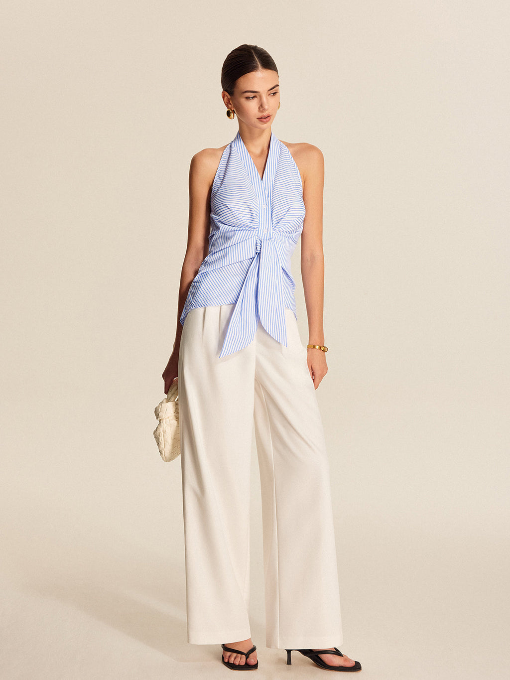 Women's striped halter top | sleeveless tie front blouse for work