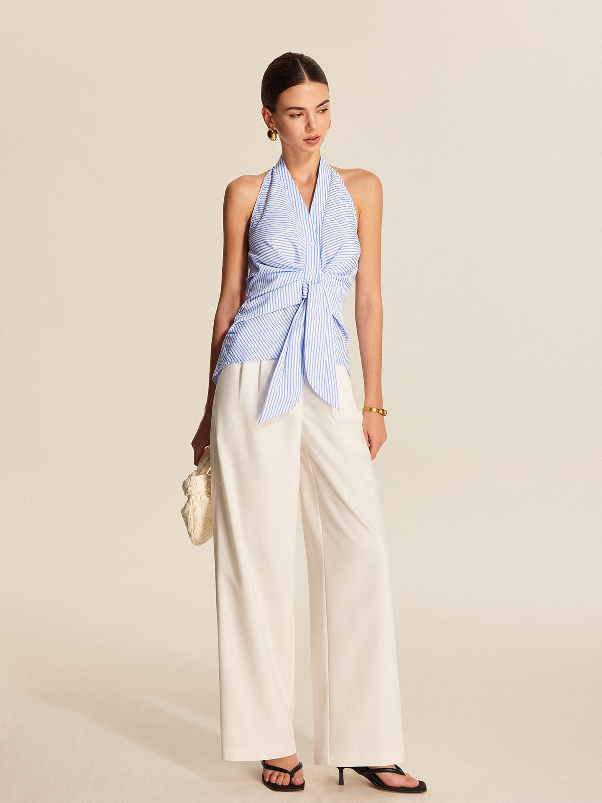 Women's striped halter top | sleeveless tie front blouse for work