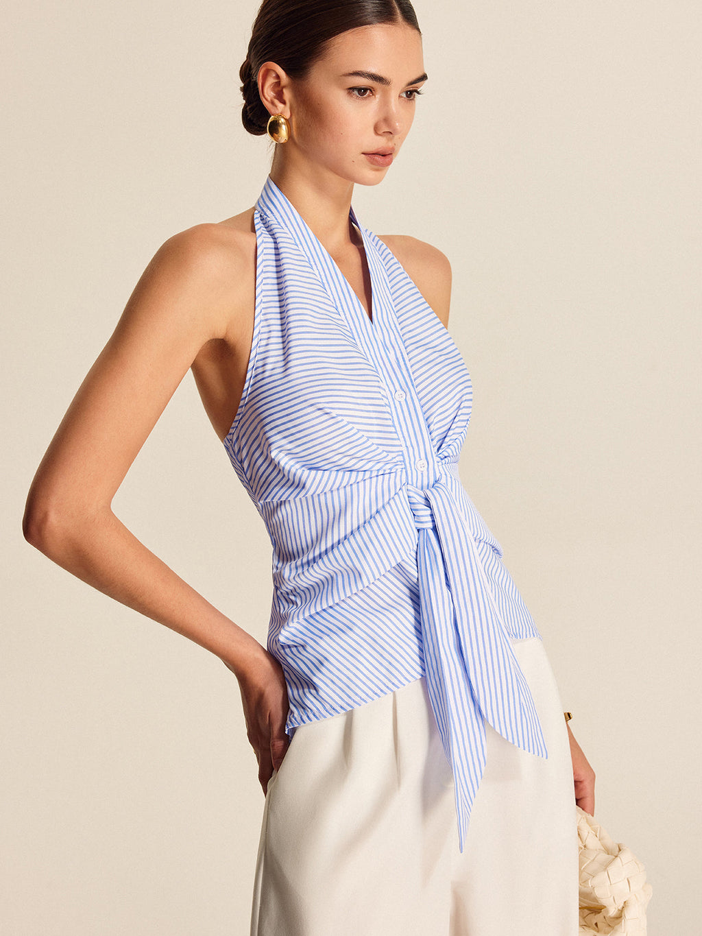 Women's striped halter top | sleeveless tie front blouse for work