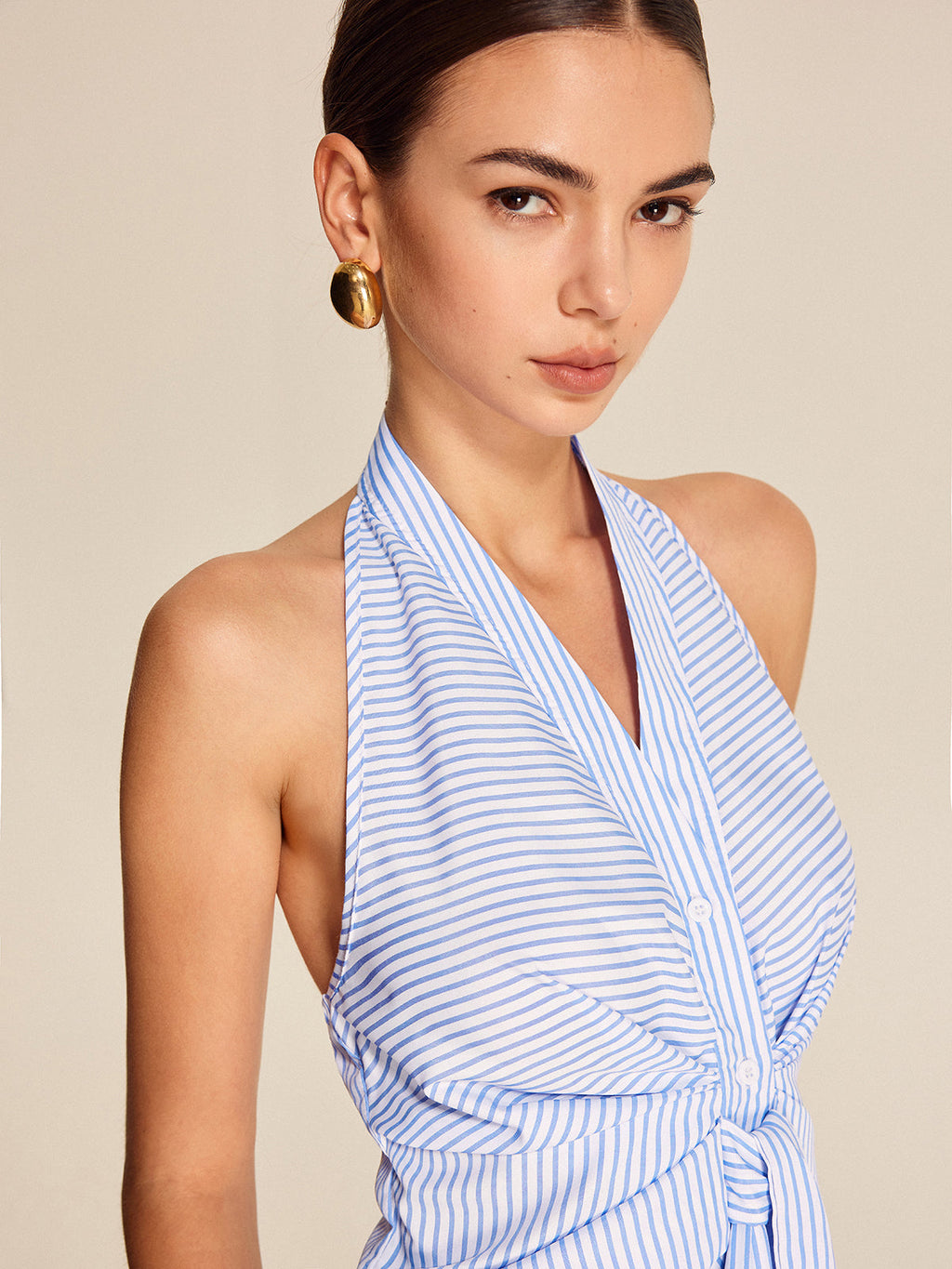 Women's striped halter top | sleeveless tie front blouse for work