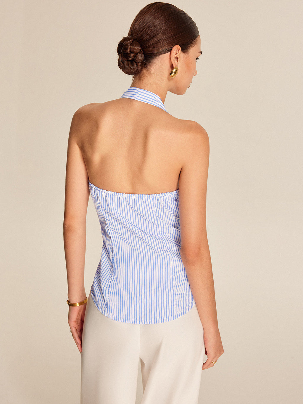 Women's striped halter top | sleeveless tie front blouse for work
