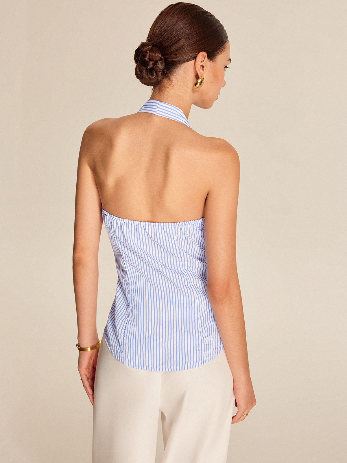 Women's striped halter top | sleeveless tie front blouse for work