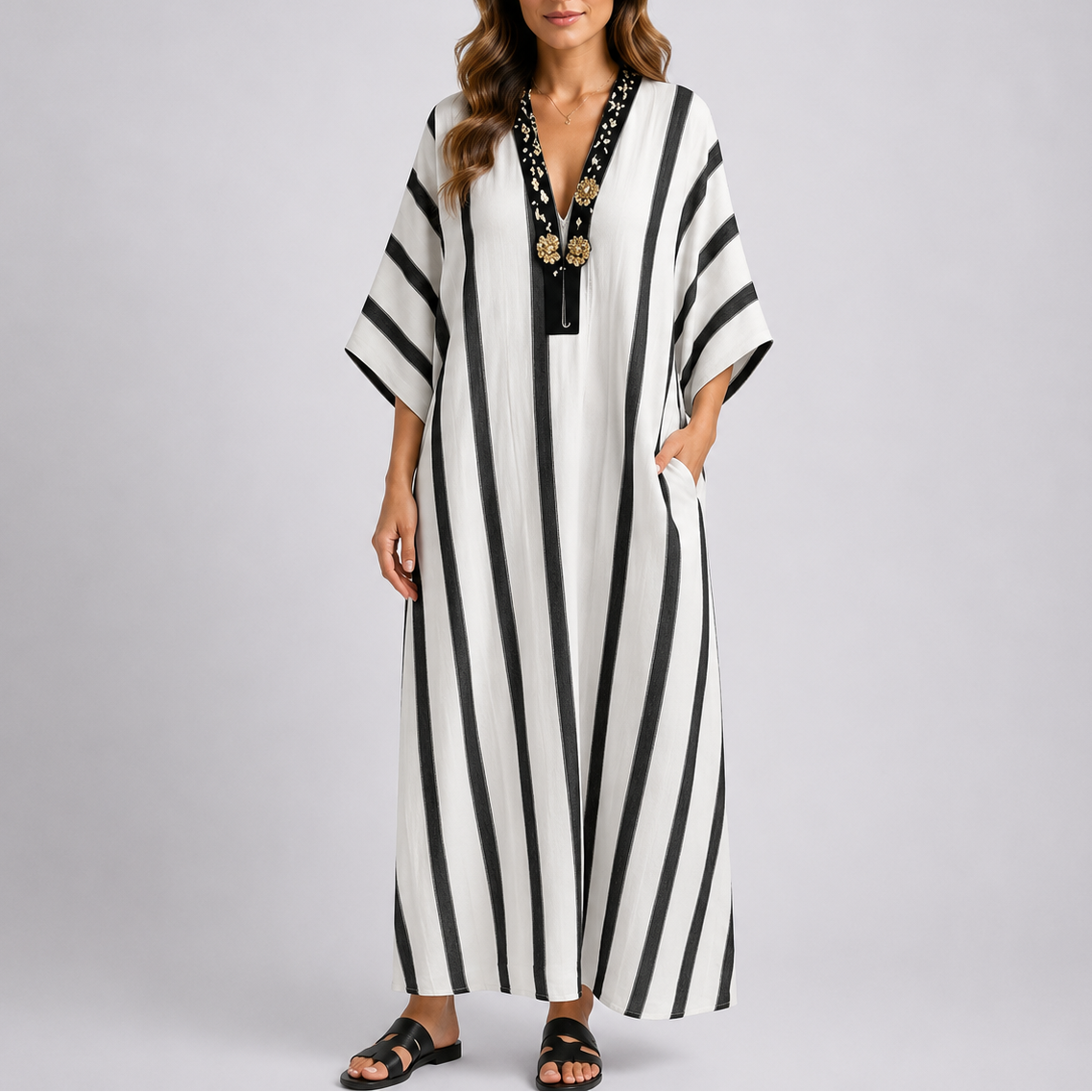 Striped V-Neck Kaftan Maxi Dress