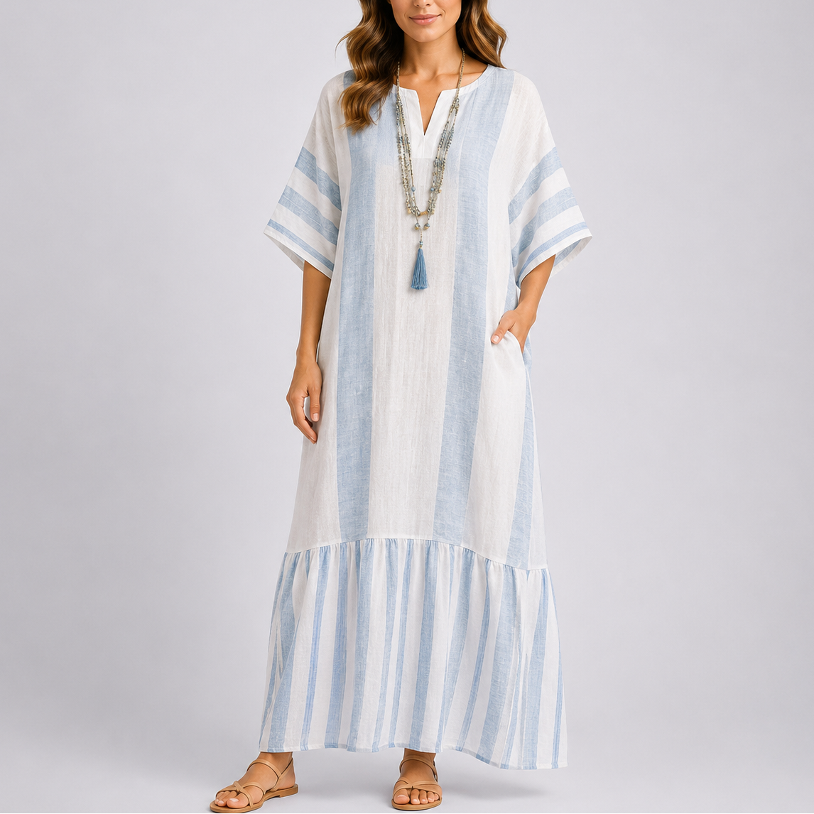 Striped V-Neck Kaftan Maxi Dress