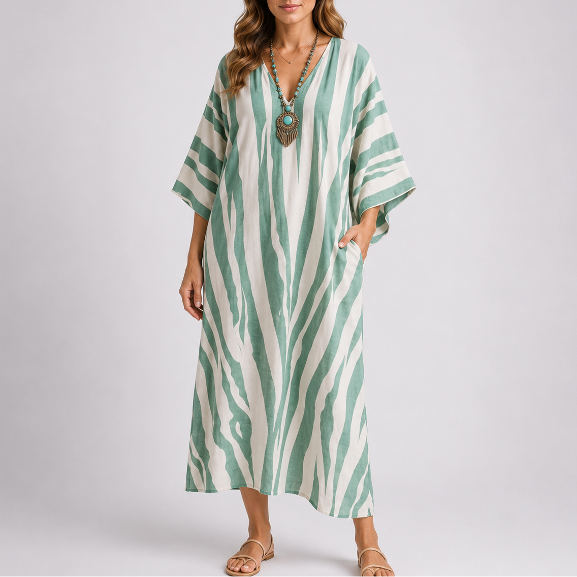 Striped V-Neck Kaftan Maxi Dress
