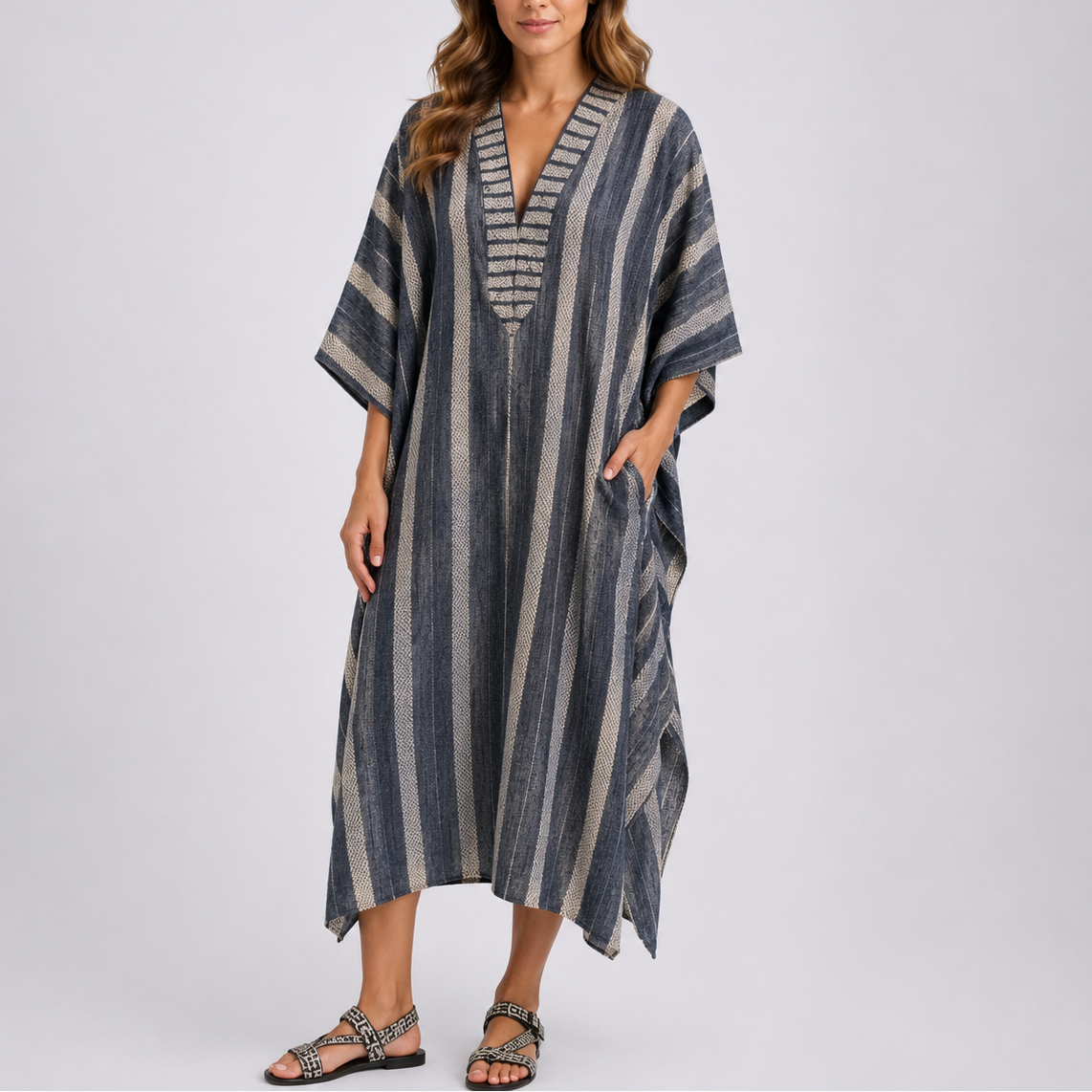 Striped V-Neck Kaftan Maxi Dress