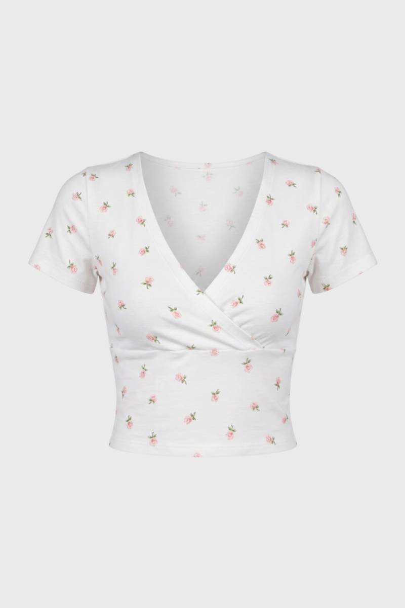 Women's crop top with wrap front design and short sleeves — floral daily