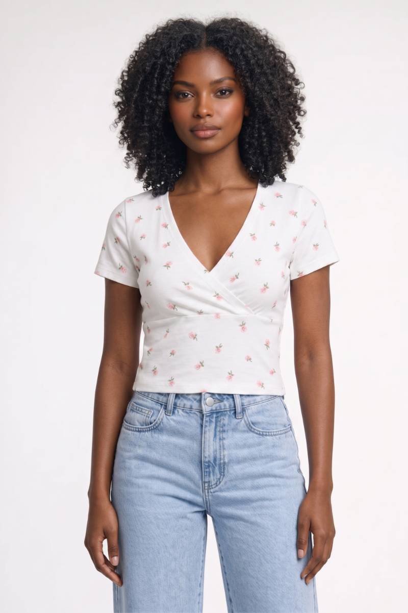 Women's crop top with wrap front design and short sleeves — floral daily
