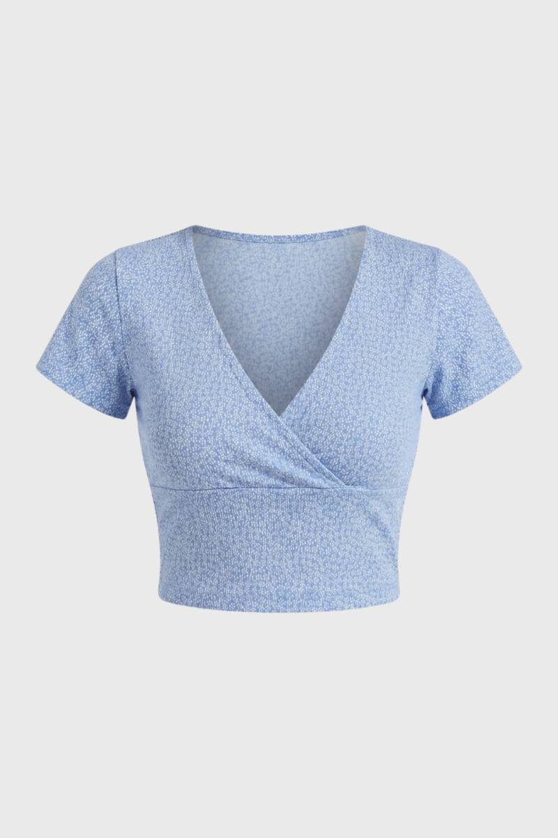 Women's crop top with wrap front design and short sleeves — floral daily