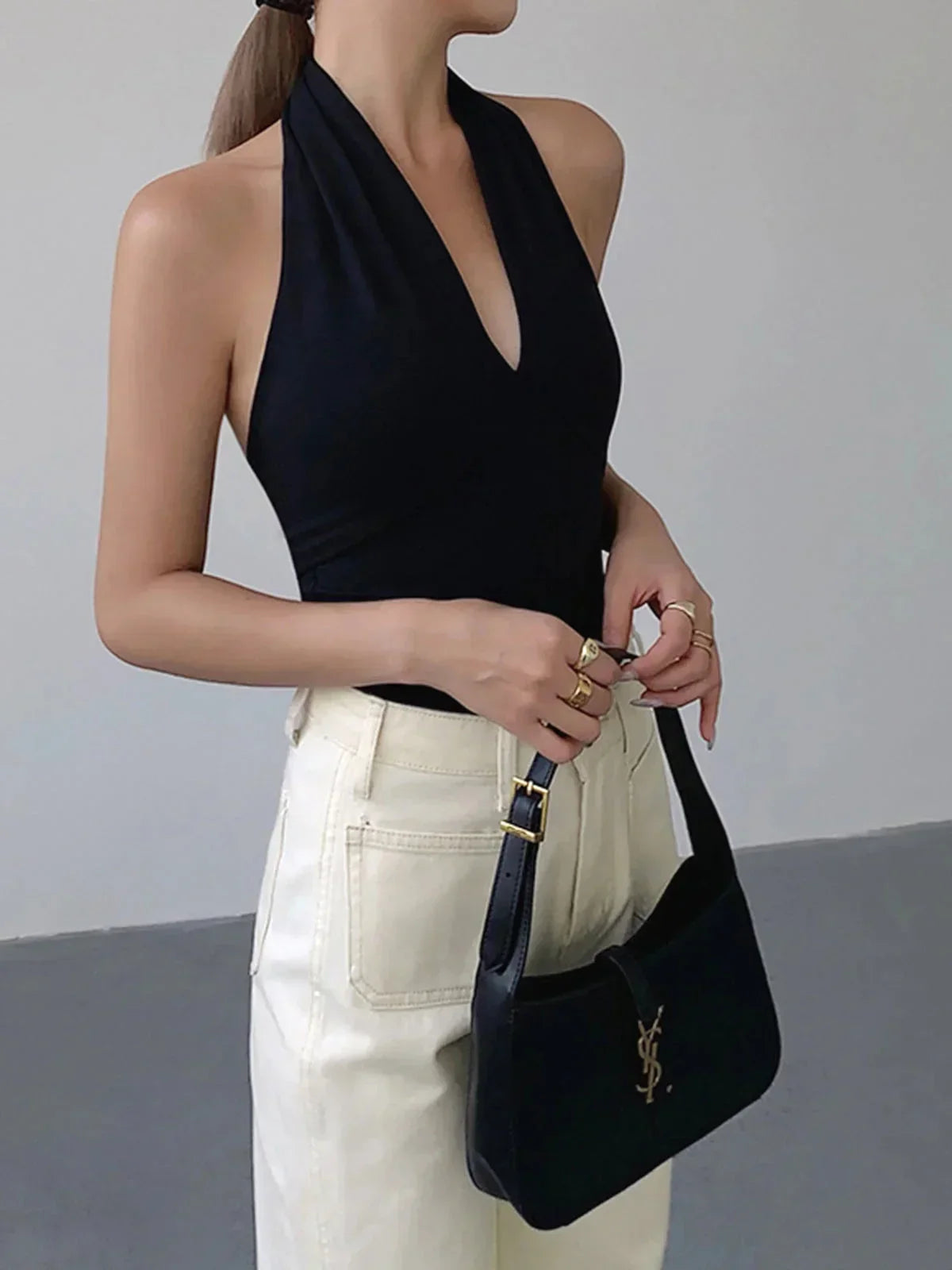 Women's sleeveless halter top | crossover V-neck knit for casual daily wear