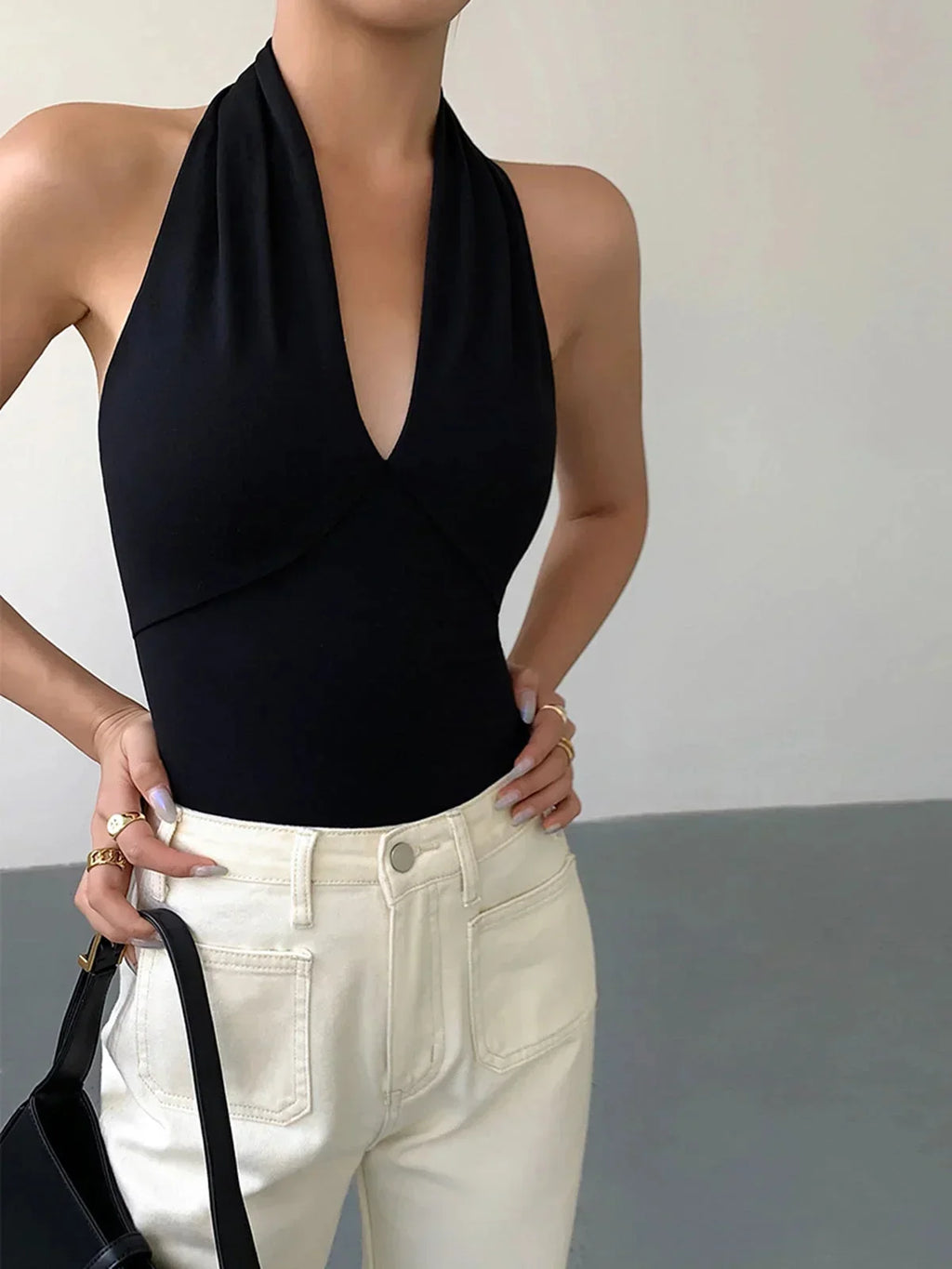 Women's sleeveless halter top | crossover V-neck knit for casual daily wear