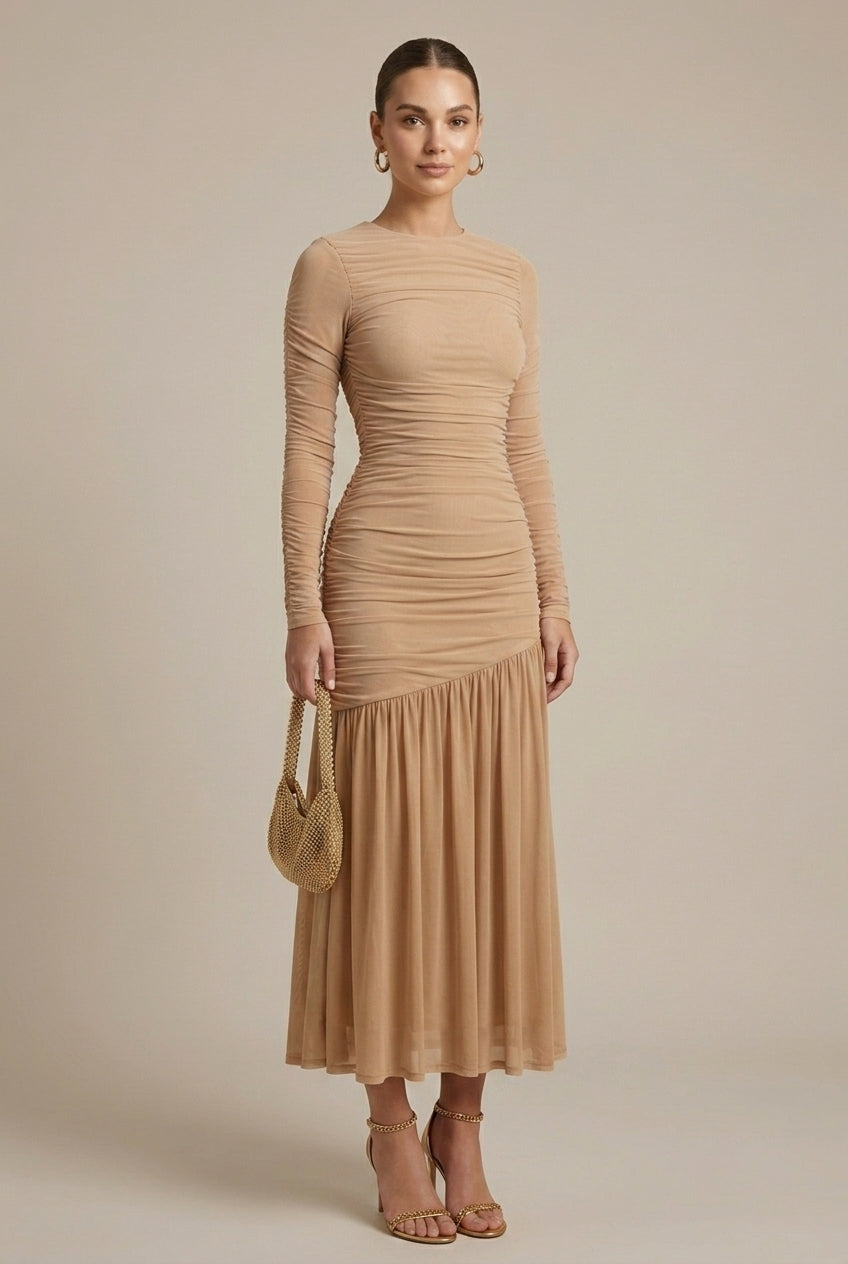Long Sleeve Ruched Drop Waist Maxi Dress with Fluted Skirt and Crew Neckline