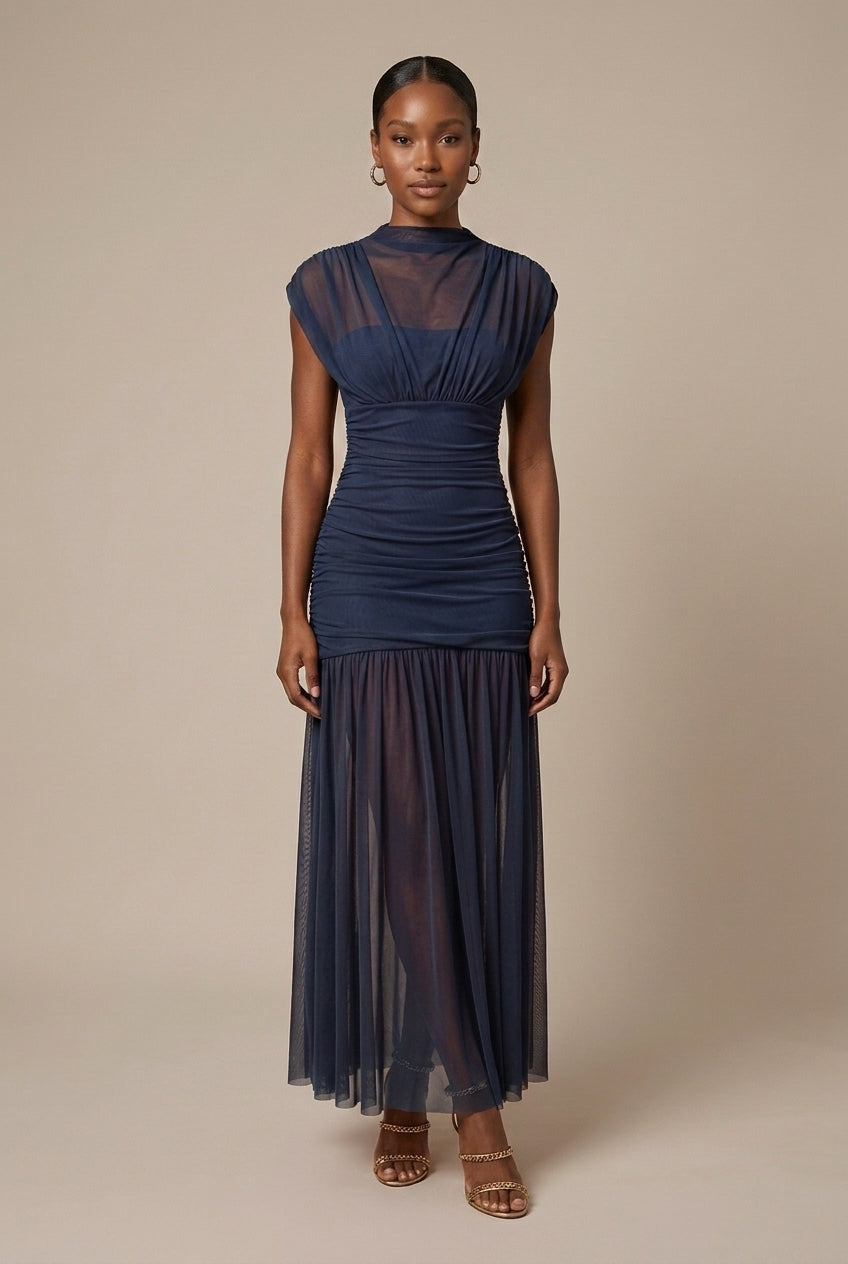 Mesh Drop Waist Maxi Dress Ruched High Neck Cap Sleeve Fitted Bodice Gown