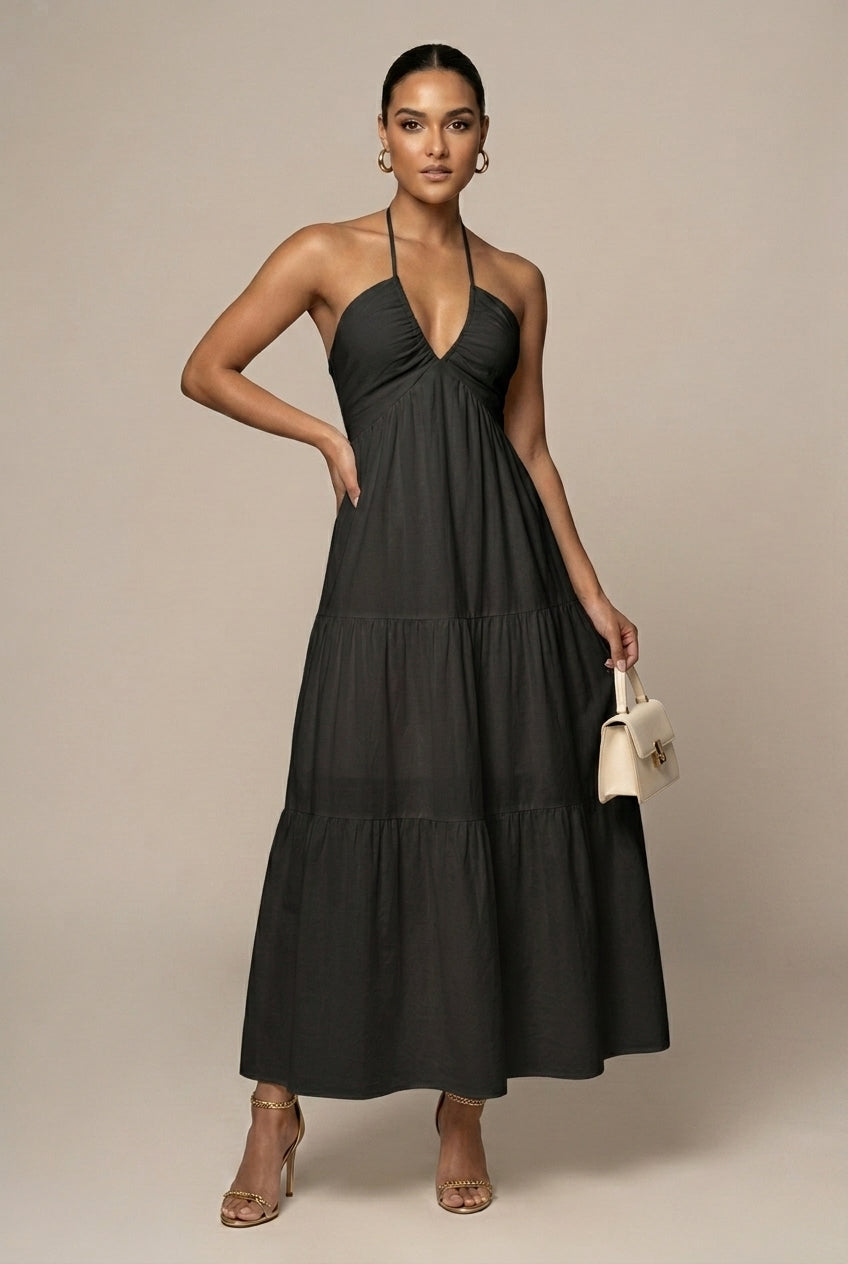 Women's Halter Neck Maxi Dress with Tiered Ruffle Skirt and Open Back Tie Waist