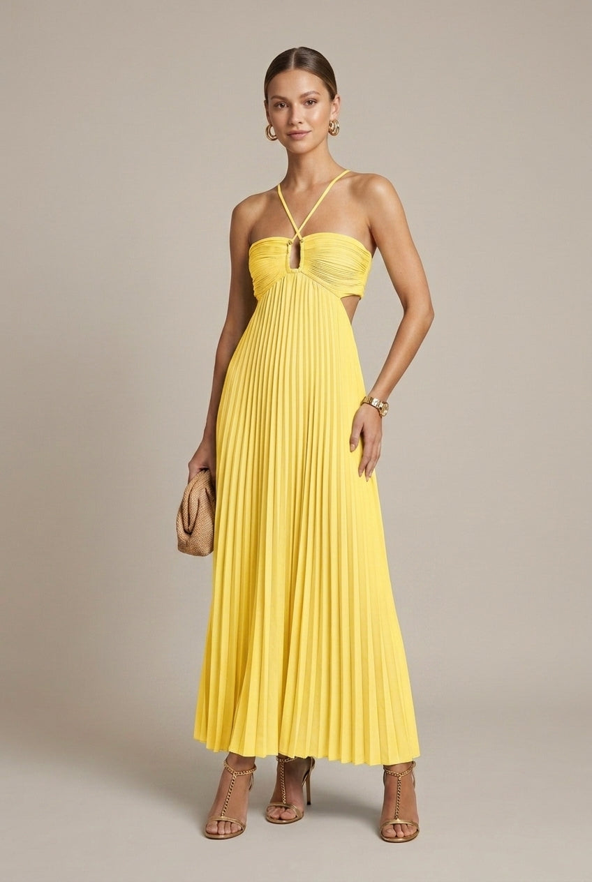 Halter Neck Pleated Maxi Dress Cut-Out Backless Formal Evening Wedding Guest Dress