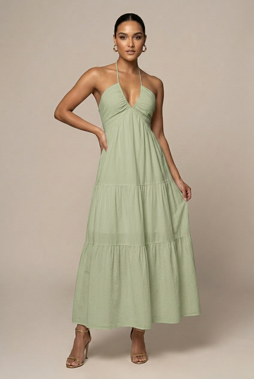 Women's Halter Neck Maxi Dress with Tiered Ruffle Skirt and Open Back Tie Waist