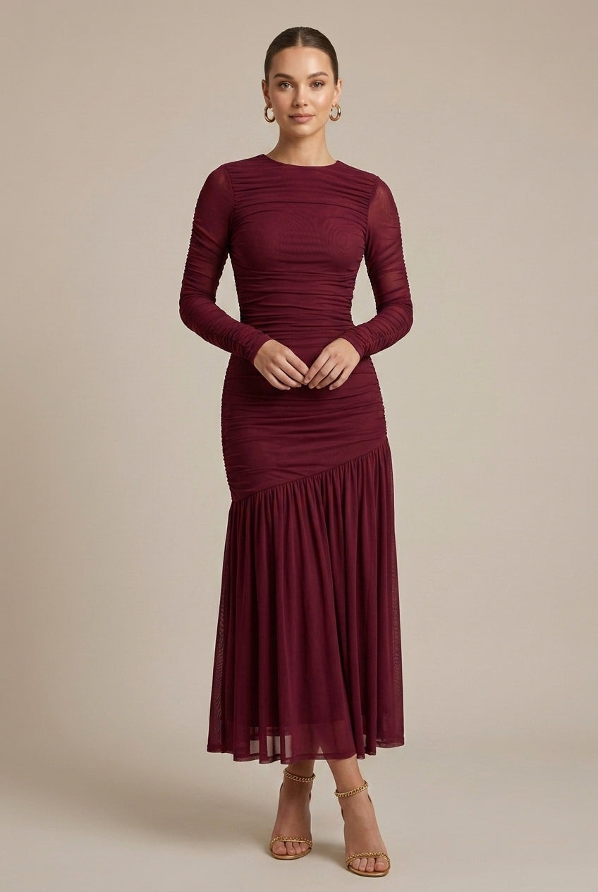 Long Sleeve Ruched Drop Waist Maxi Dress with Fluted Skirt and Crew Neckline
