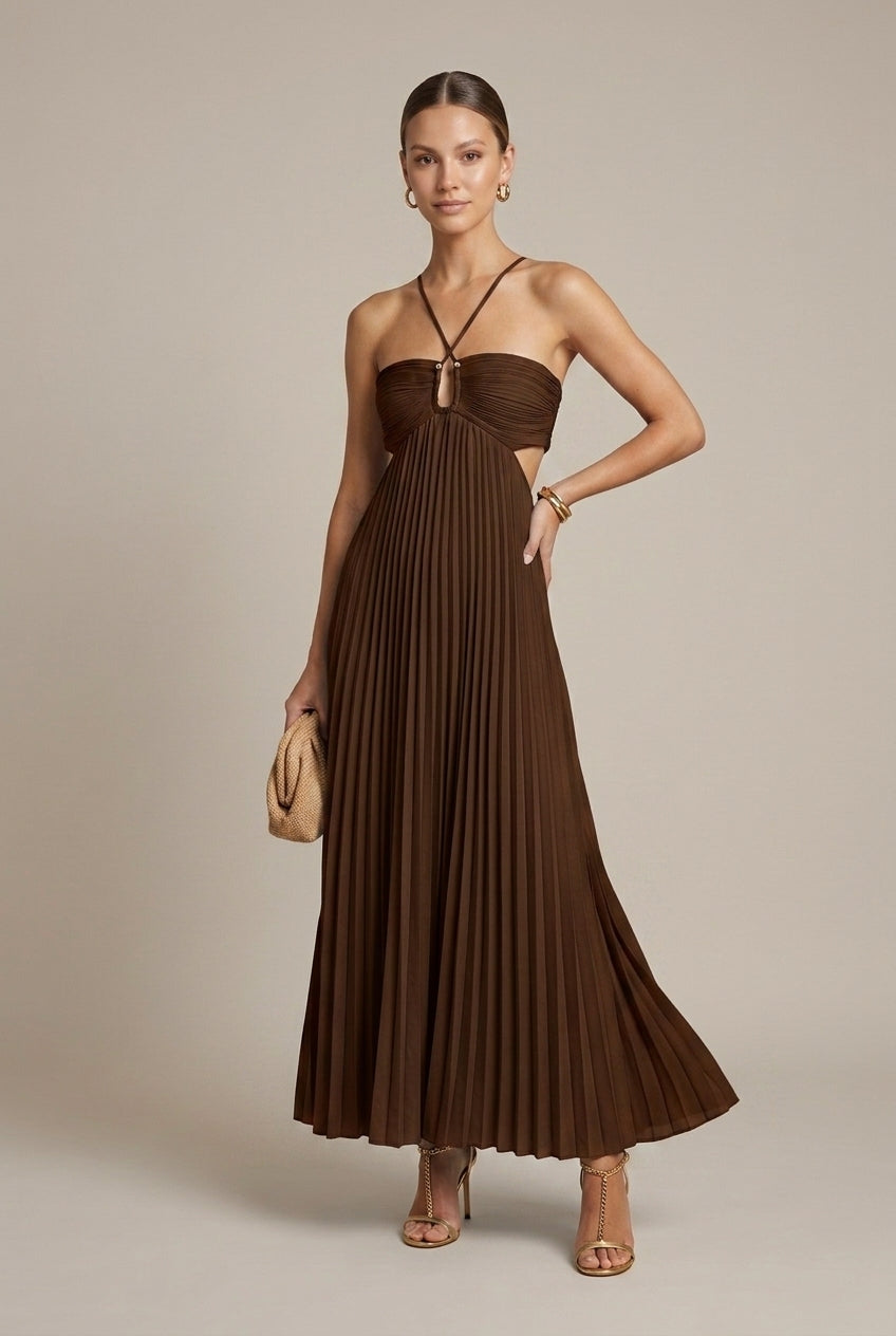 Halter Neck Pleated Maxi Dress Cut-Out Backless Formal Evening Wedding Guest Dress