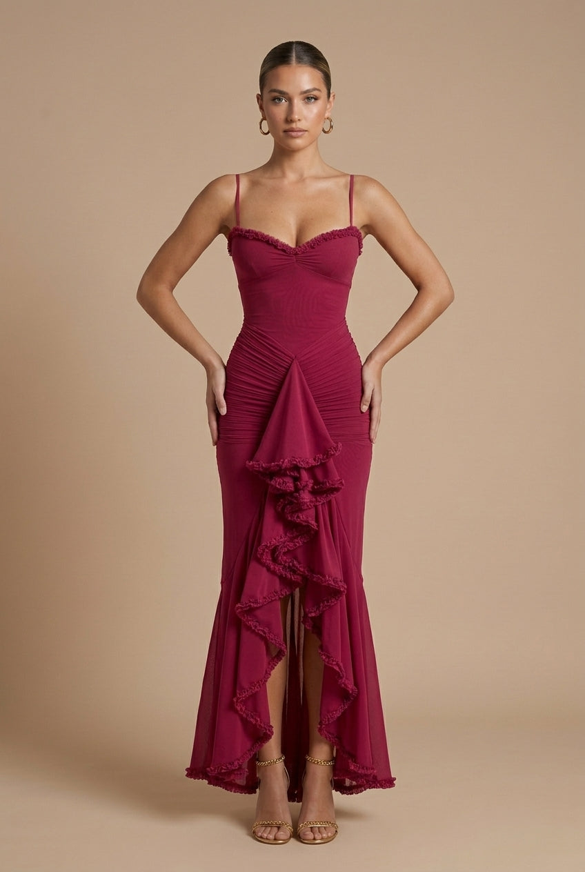 Ruched Spaghetti Strap Maxi Dress Ruffle Trim High-Low Hem Bodycon Evening Dress