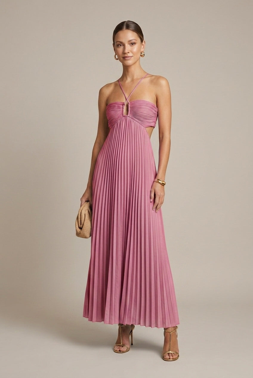 Halter Neck Pleated Maxi Dress Cut-Out Backless Formal Evening Wedding Guest Dress