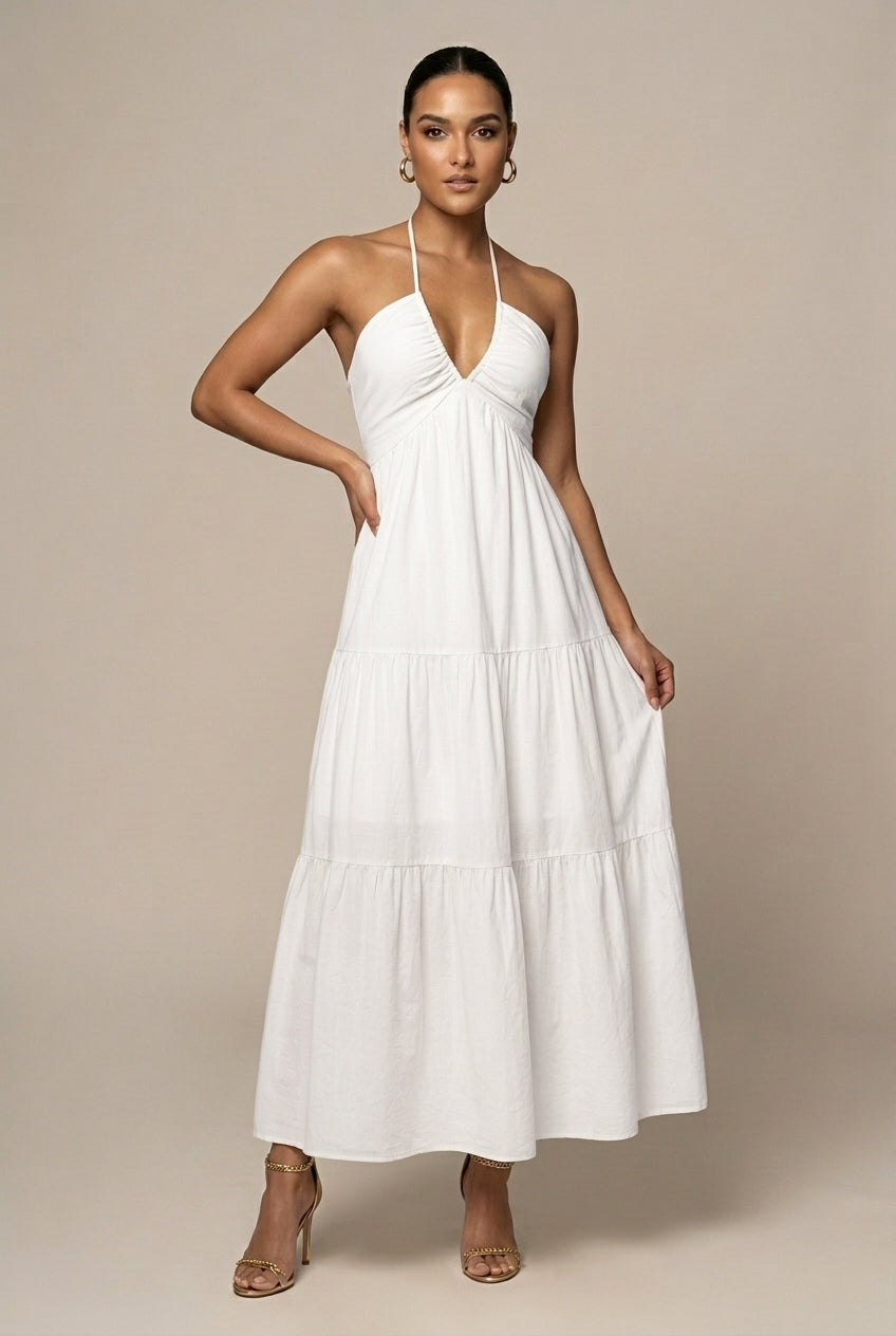 Women's Halter Neck Maxi Dress with Tiered Ruffle Skirt and Open Back Tie Waist