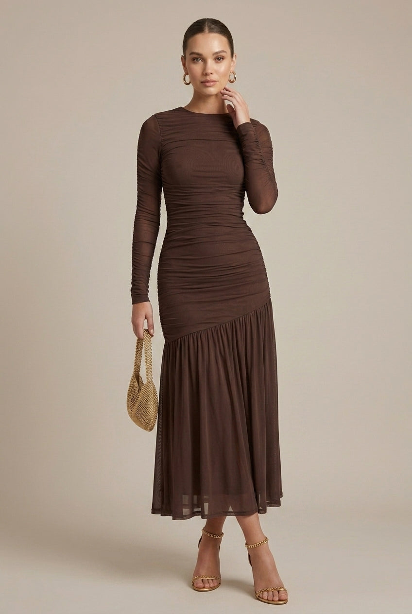 Long Sleeve Ruched Drop Waist Maxi Dress with Fluted Skirt and Crew Neckline