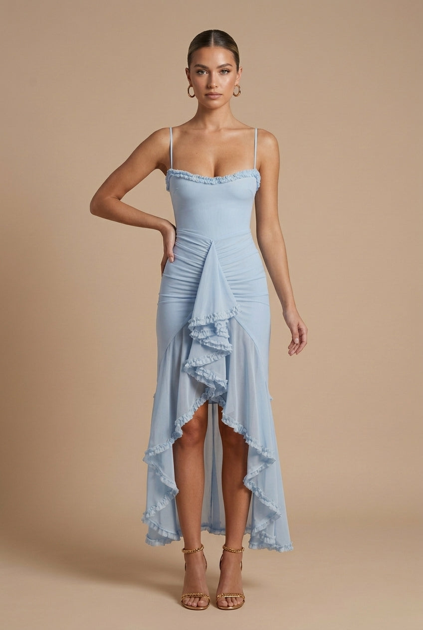 Ruched Spaghetti Strap Maxi Dress Ruffle Trim High-Low Hem Bodycon Evening Dress