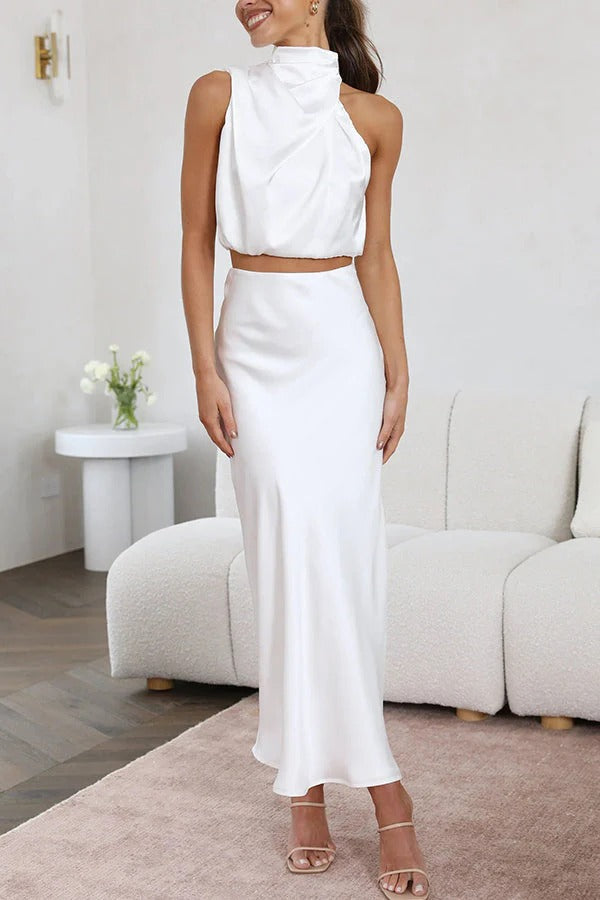 Women's halter neck two-piece set | flowing maxi skirt for formal events