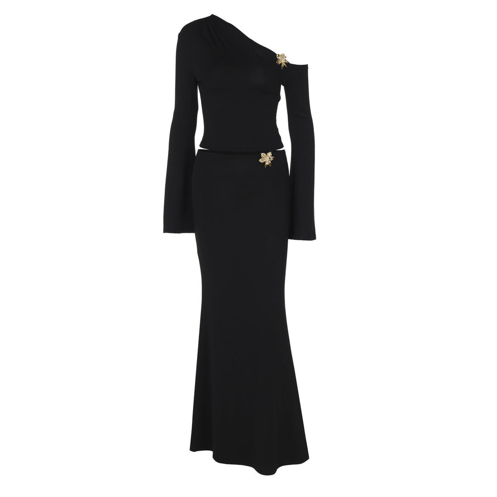Women's maxi skirt set — one-shoulder cutout — evening party