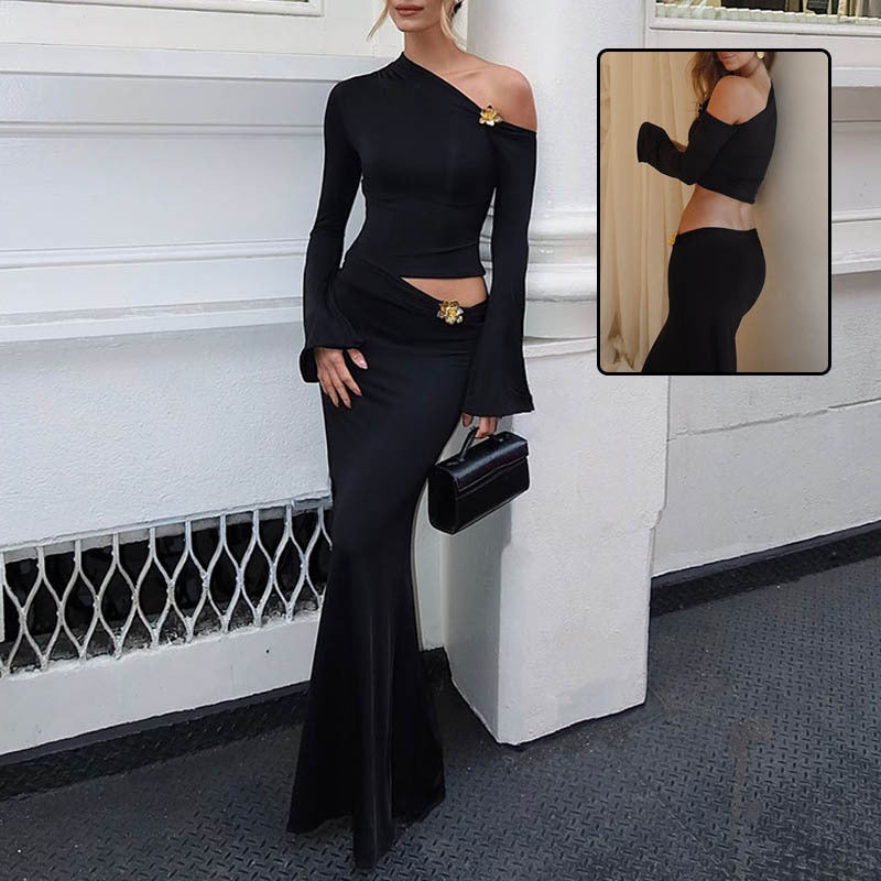 Women's maxi skirt set — one-shoulder cutout — evening party