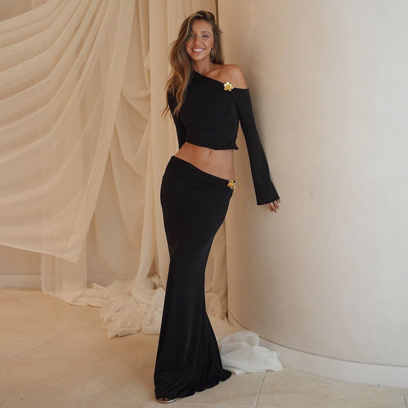 Women's maxi skirt set — one-shoulder cutout — evening party