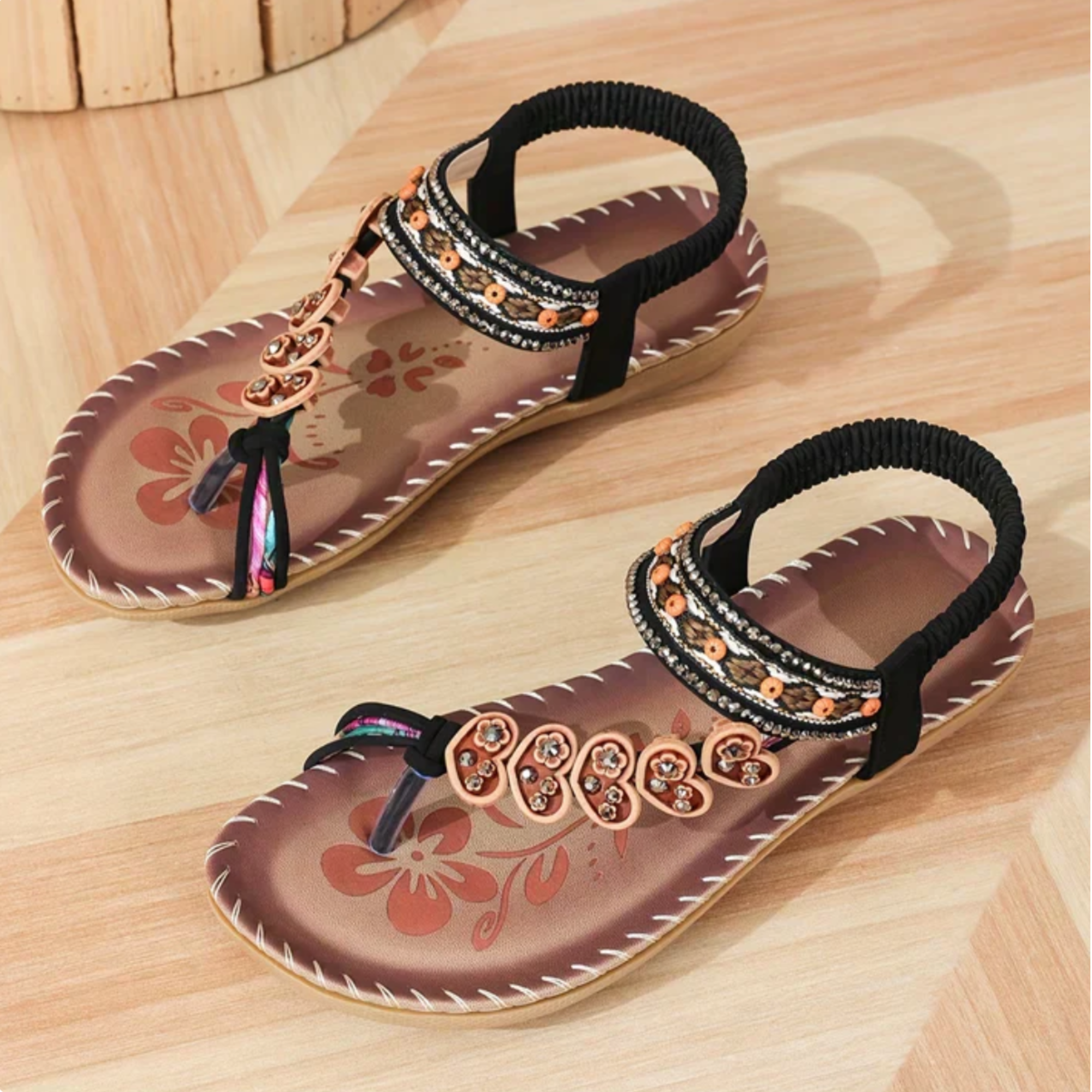 T-strap sandals | Beaded embellishments with ankle strap for summer beach