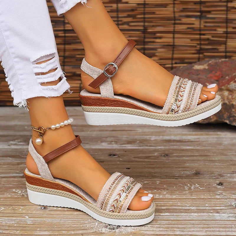 Women's casual sandals - open toe wedge espadrilles with strap - garden events