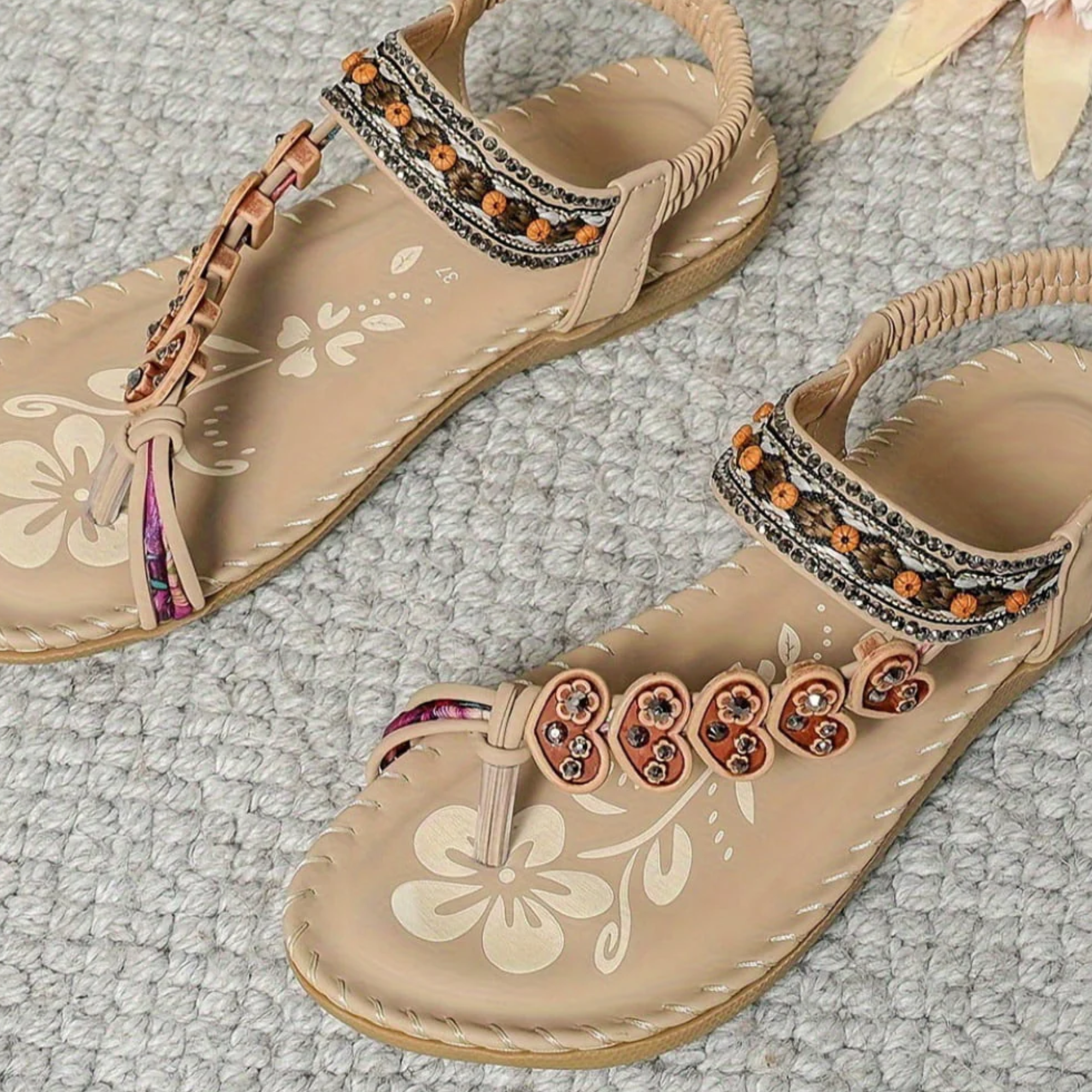 T-strap sandals | Beaded embellishments with ankle strap for summer beach