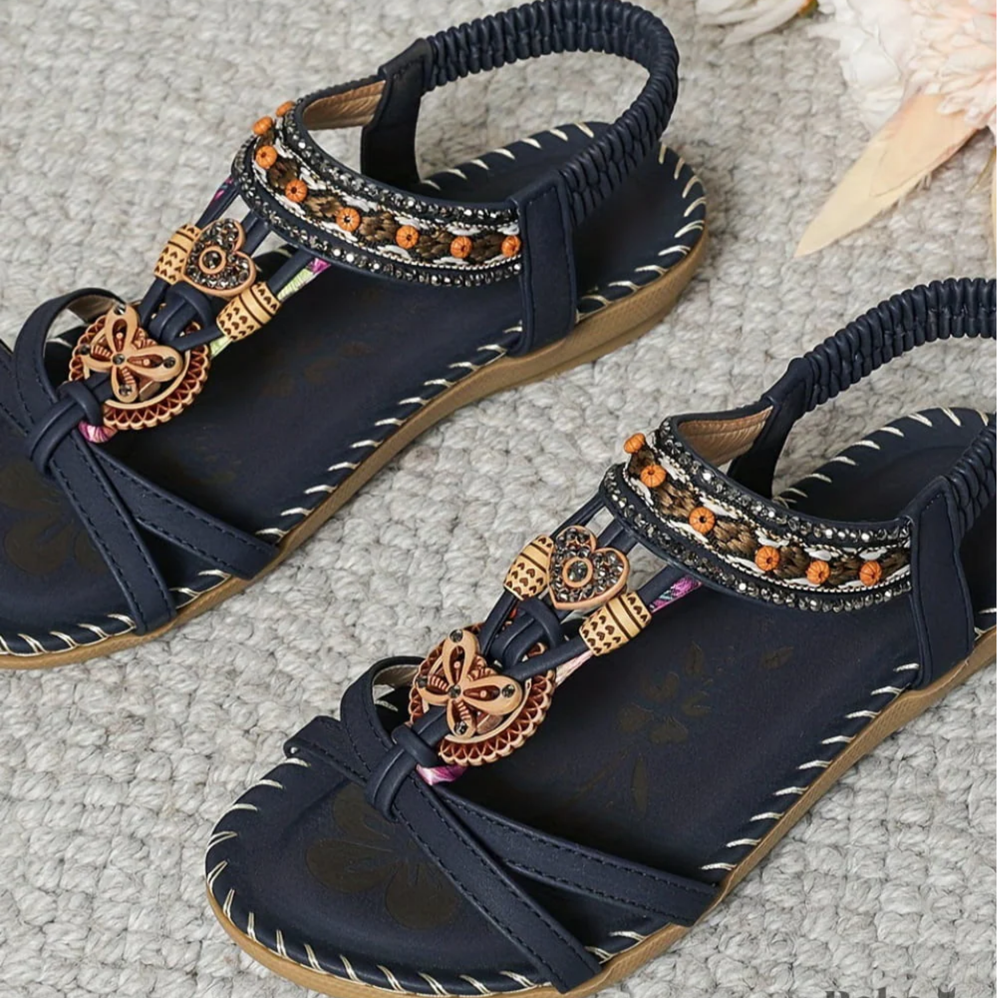 T-strap sandals | Beaded embellishments with ankle strap for summer beach