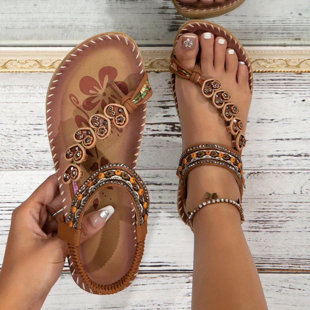 T-strap sandals | Beaded embellishments with ankle strap for summer beach