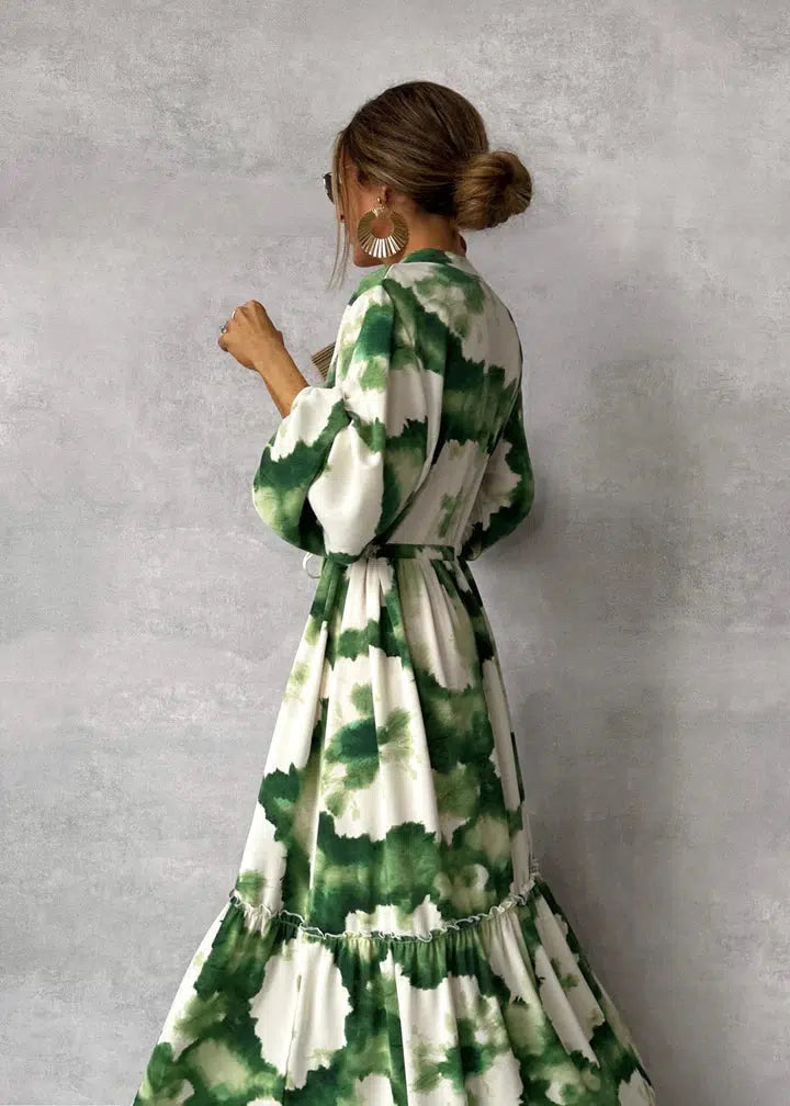 Maxi dress with a tie waist | long sleeve printed gown