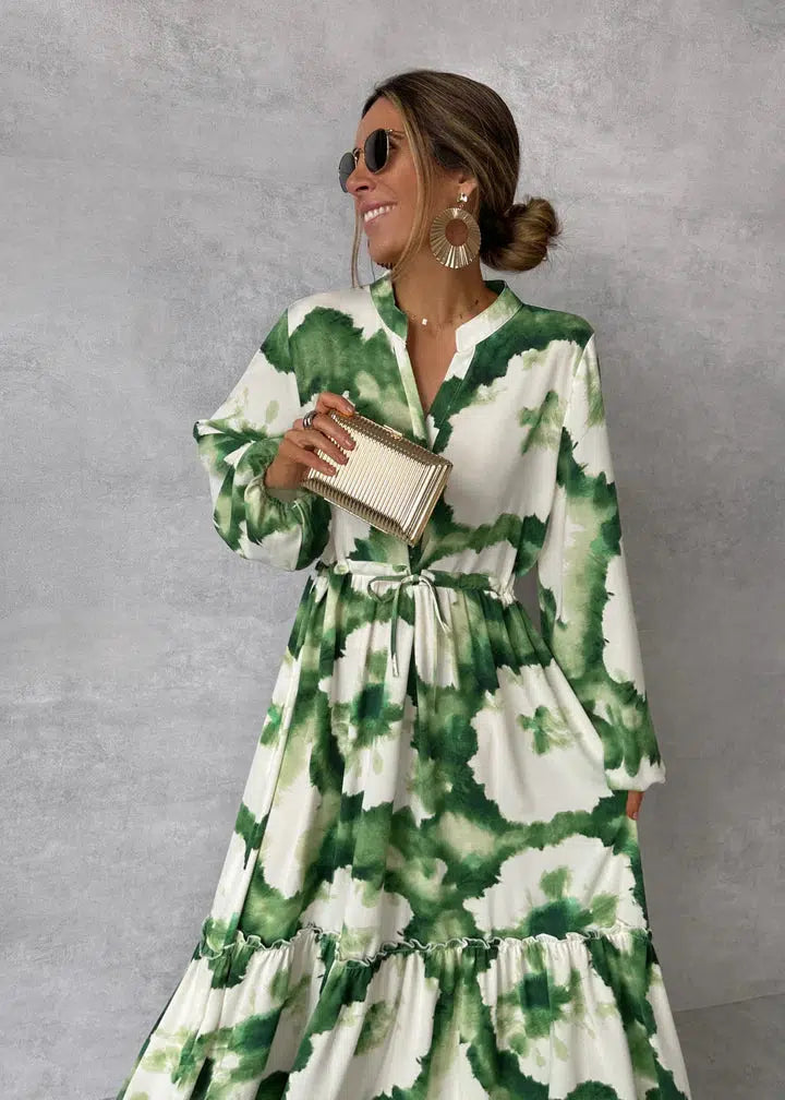 Maxi dress with a tie waist | long sleeve printed gown